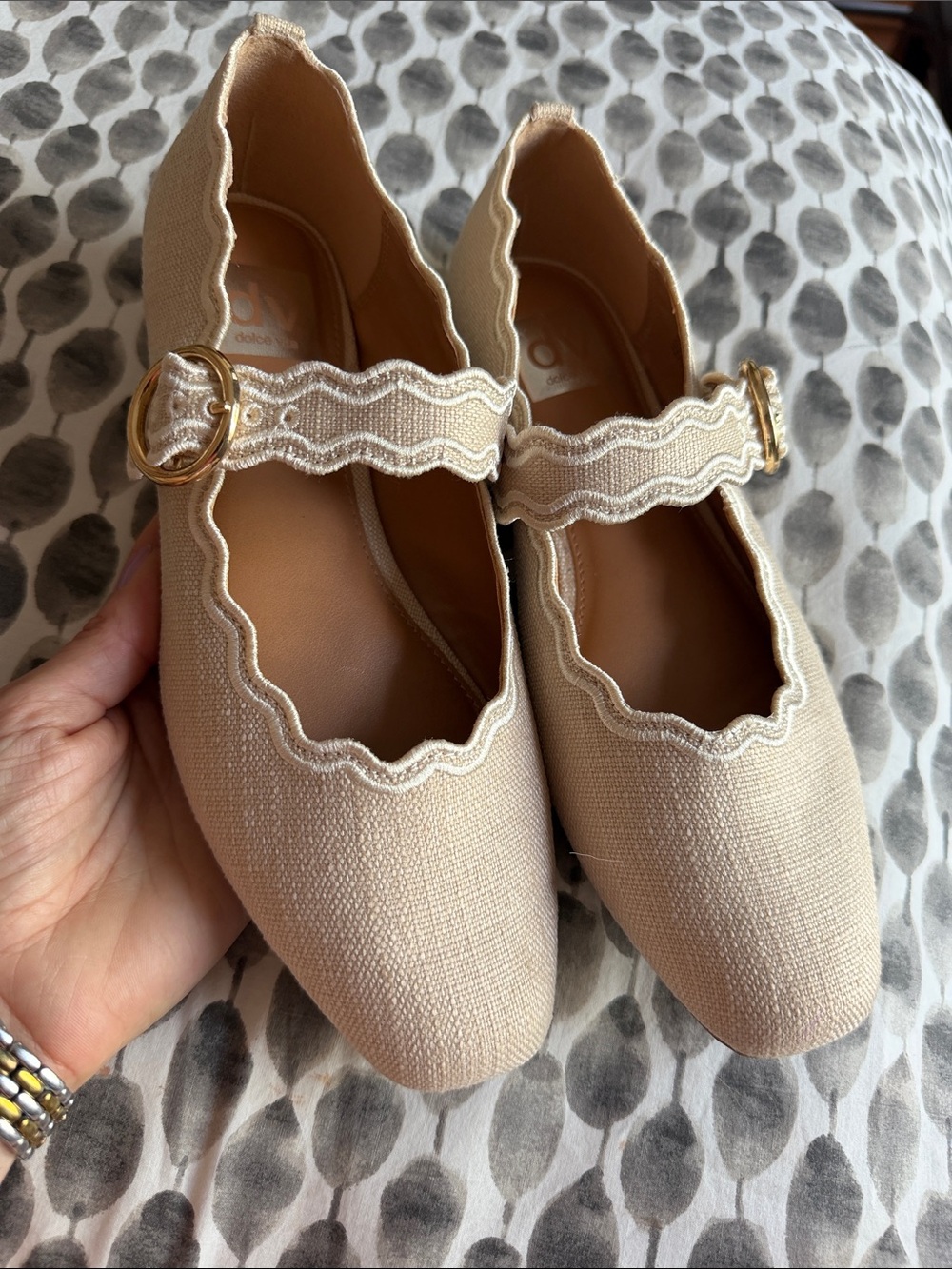 Dolce Vita Scalloped Mary Jane Flats in Beige with Gold Buckle